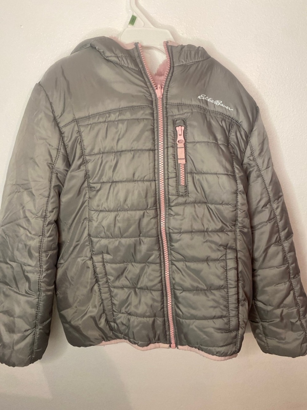 Eddie Bauer Kids Gray Puffer Reversible Jacket with Pink Trim